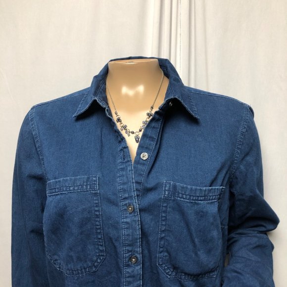 Old Navy Shirt Dress Womens Medium Blue Chambray Partial Button Long Sleeve - Picture 2 of 6
